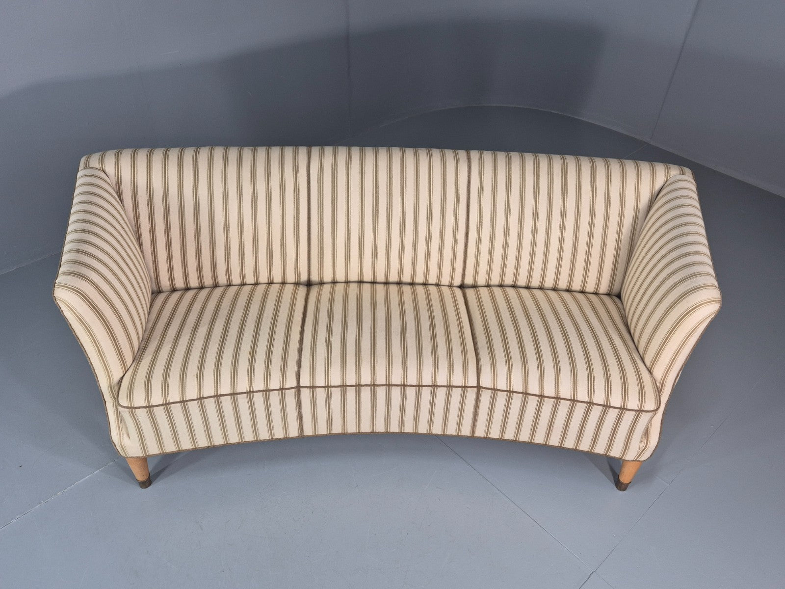 Three Seater Art Deco Curved Sofa 1930s Vintage Cream Green Wool  EB10799 V3SS4