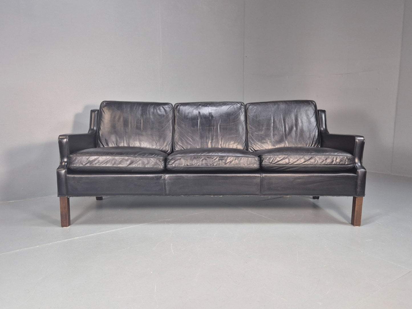 Vintage Three Seat Sofa Black Leather Danish 1960s Mid Century EB10208 M3SS4