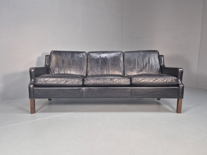Vintage Three Seat Sofa Black Leather Danish 1960s Mid Century EB10208 M3SS4