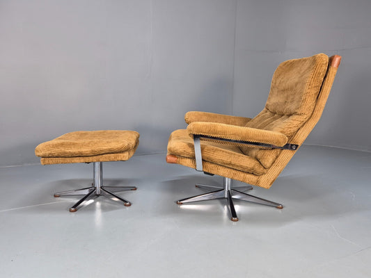 Mid Century Swivel Chair and Footstool Gold Corduroy Vintage Danish EB10620 MSWI1