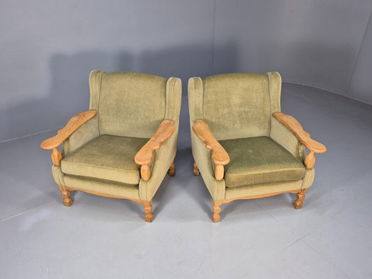 2 Vintage Danish Lounge Chairs Green Oak Frame Kjearnulf Retro 1970s EB8279 MNOR - UKDK FURNITURE