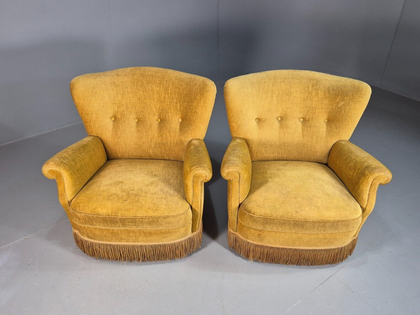 Pair Of Vintage Danish Gold Velour Armchairs Tassels Art Deco Style EB8068 VCLO - UKDK FURNITURE