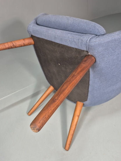 Retro Danish Tub Chair Blue Canvas Teak Turned Legs MCM Vintage  EB10747 MNOR7