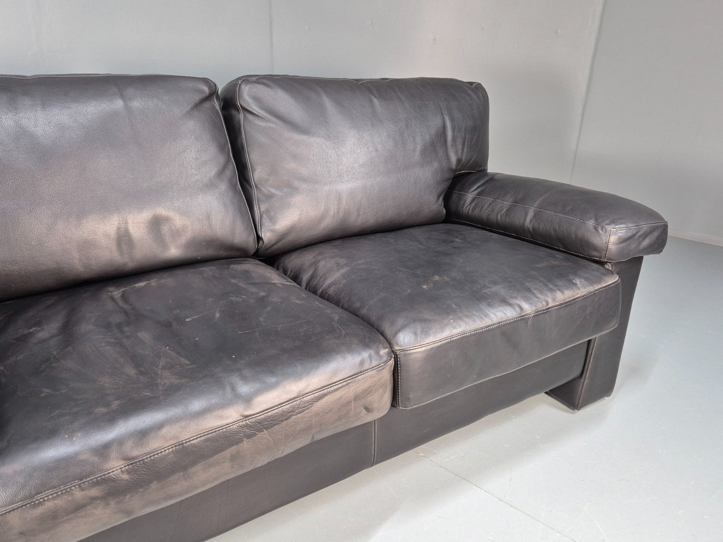 1980s Two Seater Sofa Faded Black Leather Boxy Style Retro Danish EB10714 M2SS3