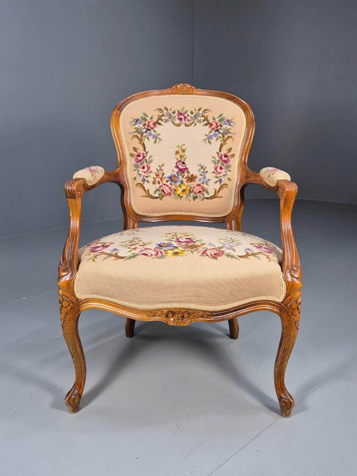 Vintage Armchair Embroidered Floral Pattern Louis XVI Style Beech EB9564 VCLO - UKDK FURNITURE
