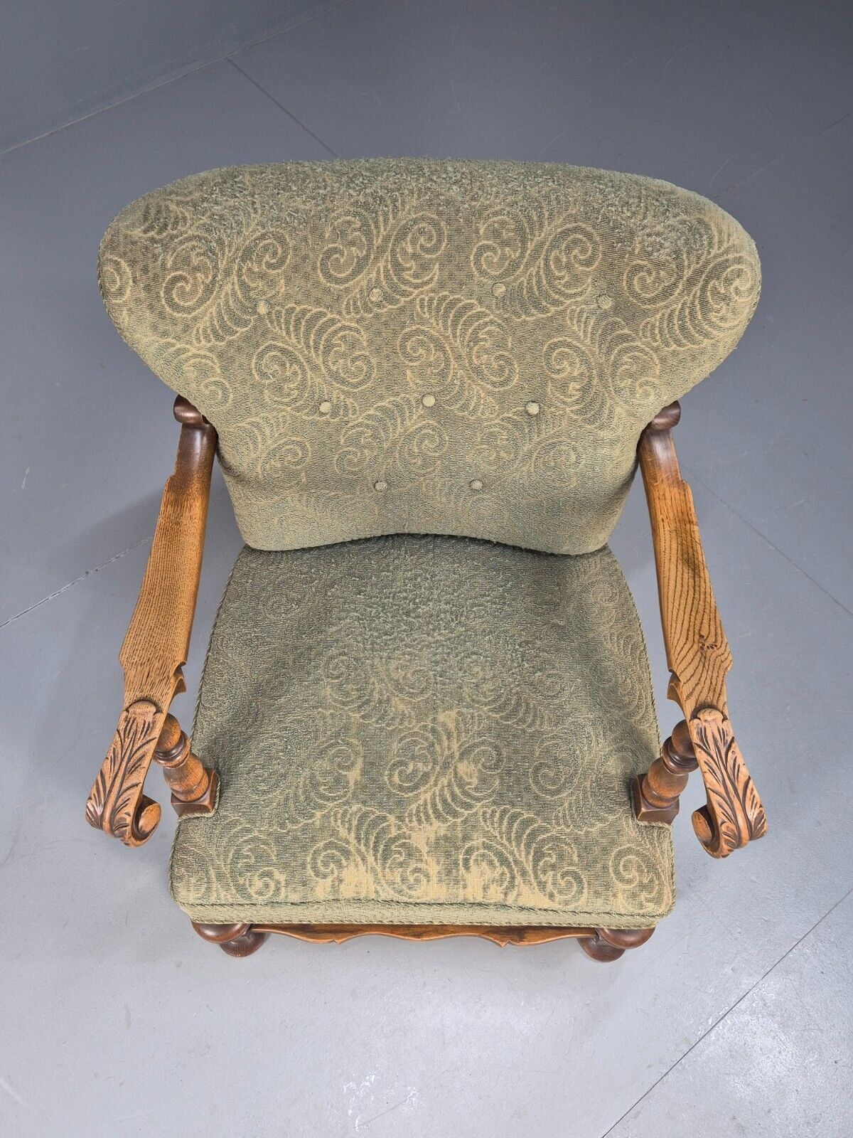 Vintage Danish Lounge Chair Green Moquette Carved Oak Frame 1940s EB8998 VCLO - UKDK FURNITURE