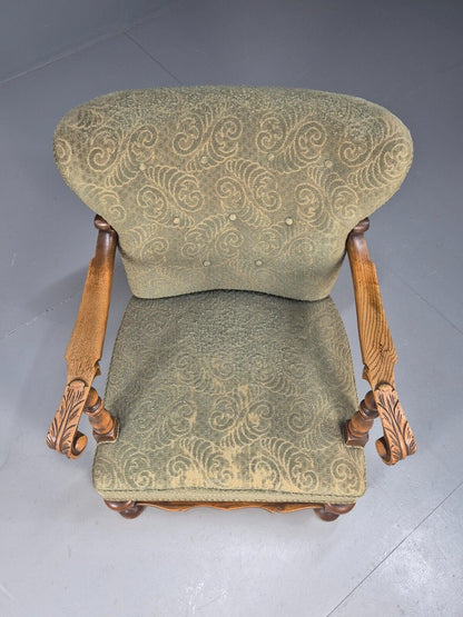 Vintage Danish Lounge Chair Green Moquette Carved Oak Frame 1940s EB8998 VCLO - UKDK FURNITURE