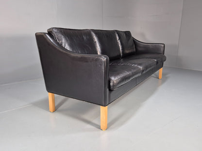Vintage 3 Seater Leather Sofa Danish Mogensen Style Black 1980s EB10689 M3SS11