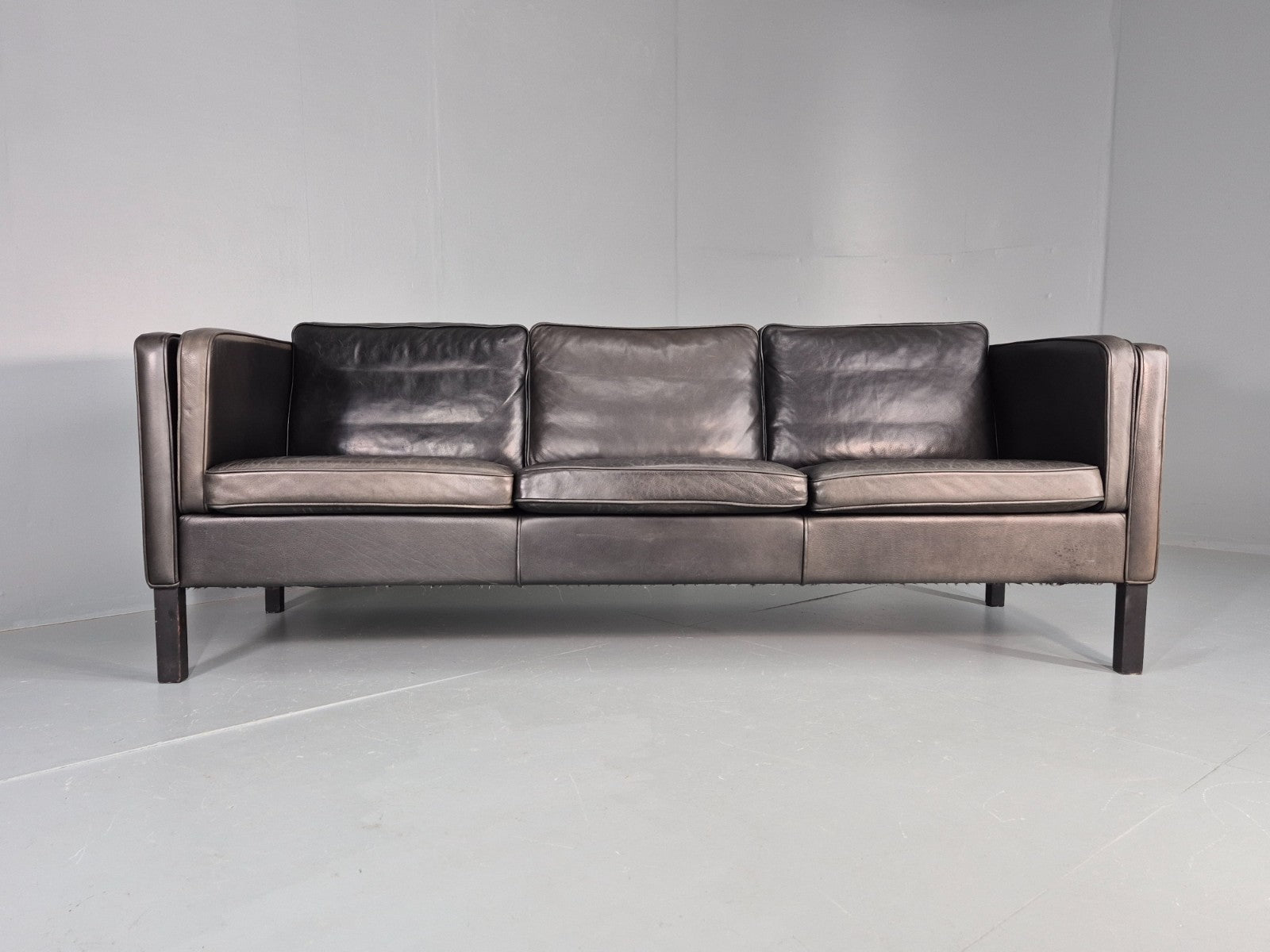 Vintage Danish 3 Seater Black Leather Sofa 1970s Retro Mid Century EB11923 M3SS7