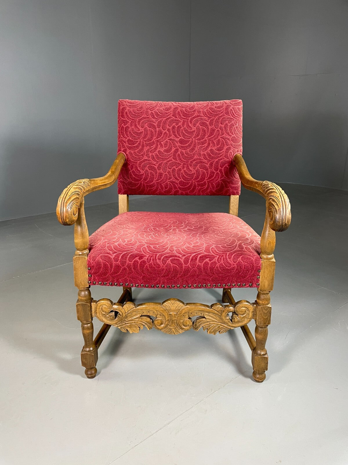 Vintage Danish Lounge Chair Oak Red Moquette 17th Century Style EB6942 VCLO2