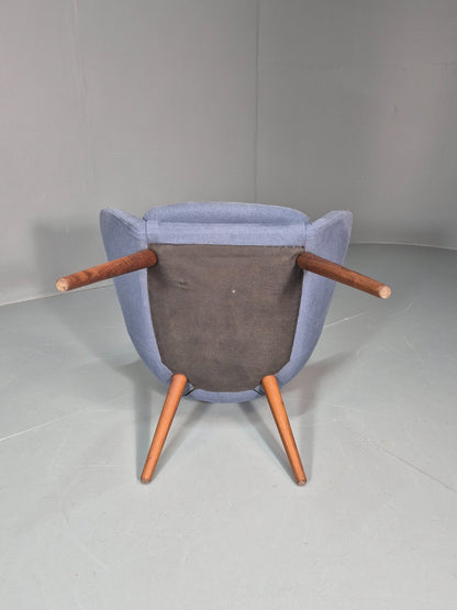 Retro Danish Tub Chair Blue Canvas Teak Turned Legs MCM Vintage  EB10747 MNOR6