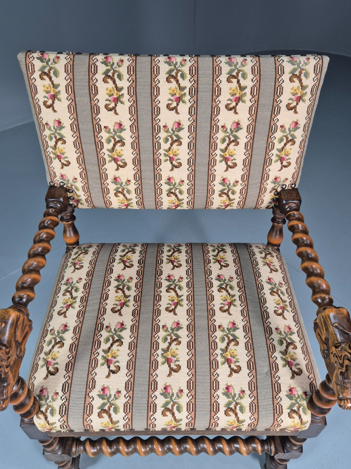 17th Century Style Carved Chair Lions Arms Barley Twist Frame 1960 EB10774 VCAR11