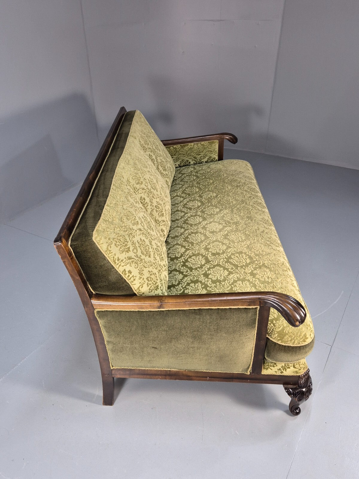 Antique Danish Baroque Style 3 Seat Sofa Green Moquette Carved Wood EB9636 V3SS - UKDK FURNITURE