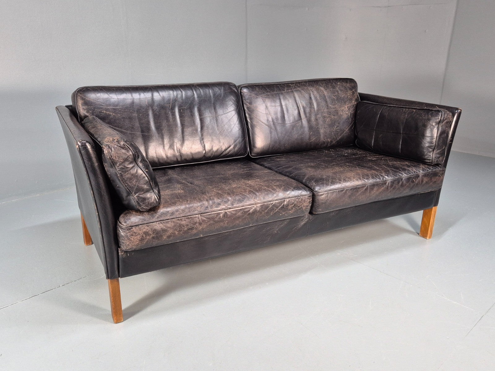 Mid Century Two Seater Sofa Black Leather Vintage Danish 1980s MCM  EB10713 M2SS1
