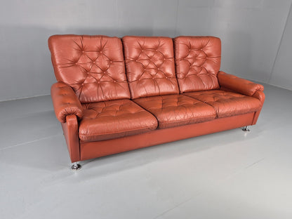 Vintage 3 seat Settee 1970s Retro Danish Red Tan Leather Buttoned EB10555 M3SS1
