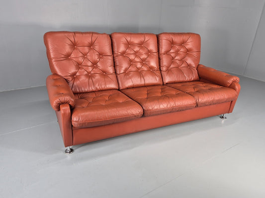Vintage 3 seat Settee 1970s Retro Danish Red Tan Leather Buttoned EB10555 M3SS1