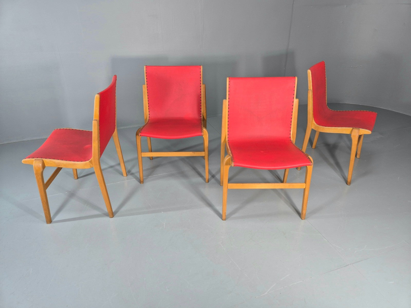 4 Stacking Lounge Chairs 1950s Swedish Red Beech Mid Century Retro EB11102 MDIN9