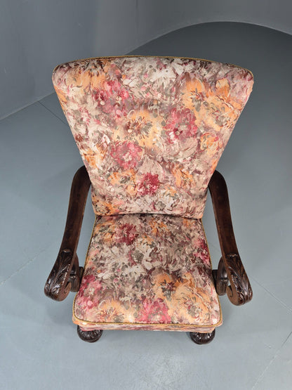 Vintage Carved Oak Chair Floral Fabric 1940s Traditional Curved EB10752 VCAR15