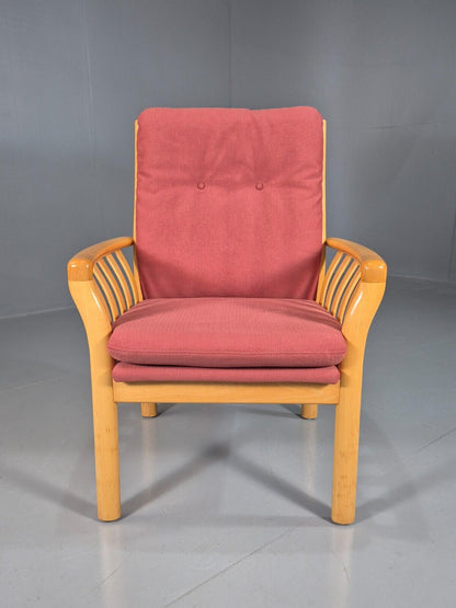 Vintage Danish Lounge Chair Red Cotton Beech Wood Frame 1980s Retro EB7490 MNOR - UKDK FURNITURE