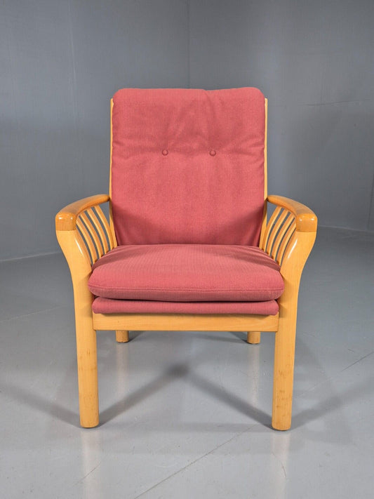 Vintage Danish Lounge Chair Red Cotton Beech Wood Frame 1980s Retro EB7490 MNOR - UKDK FURNITURE