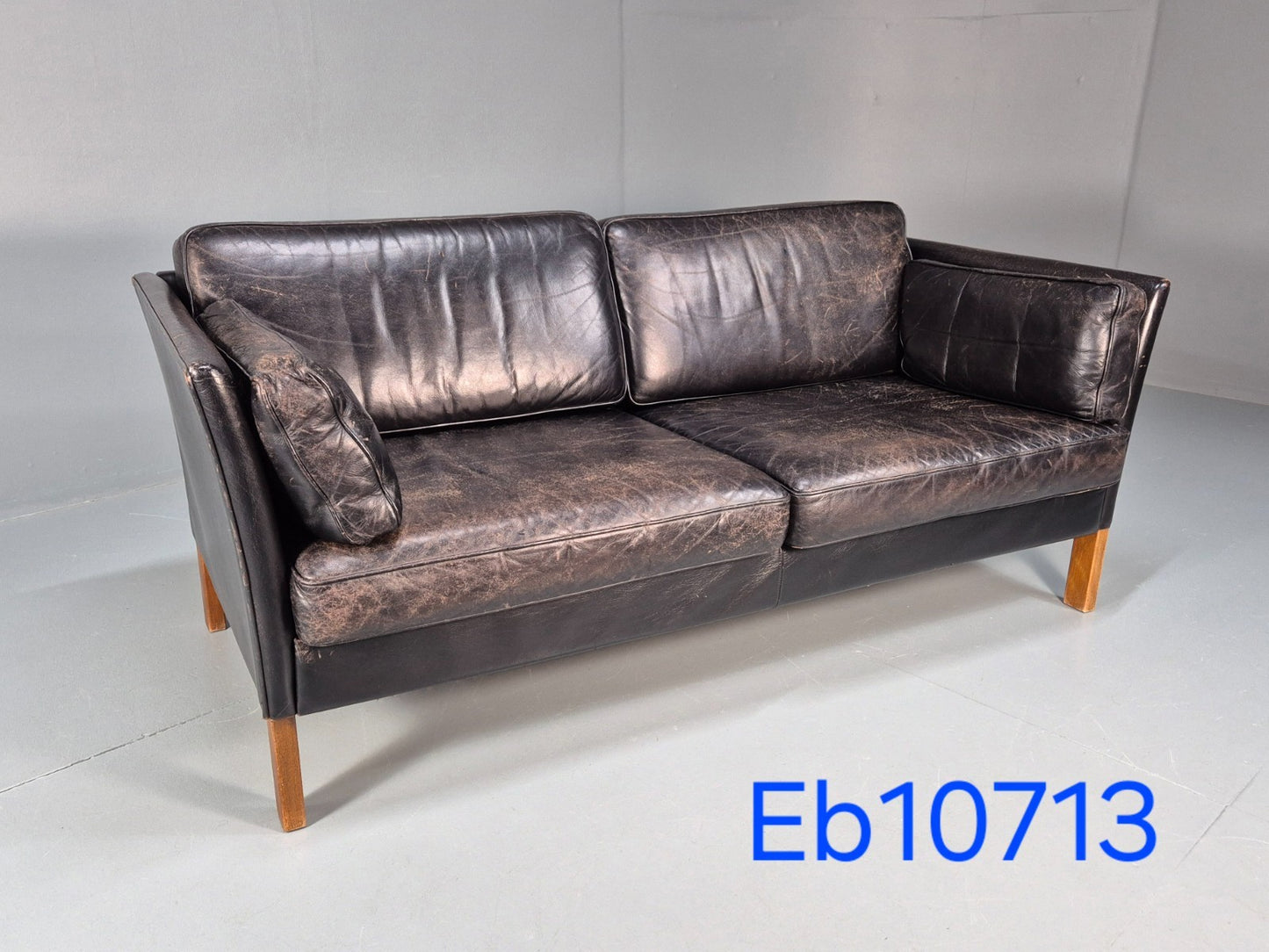 Mid Century Two Seater Sofa Black Leather Vintage Danish 1980s MCM  EB10713 M2SS0