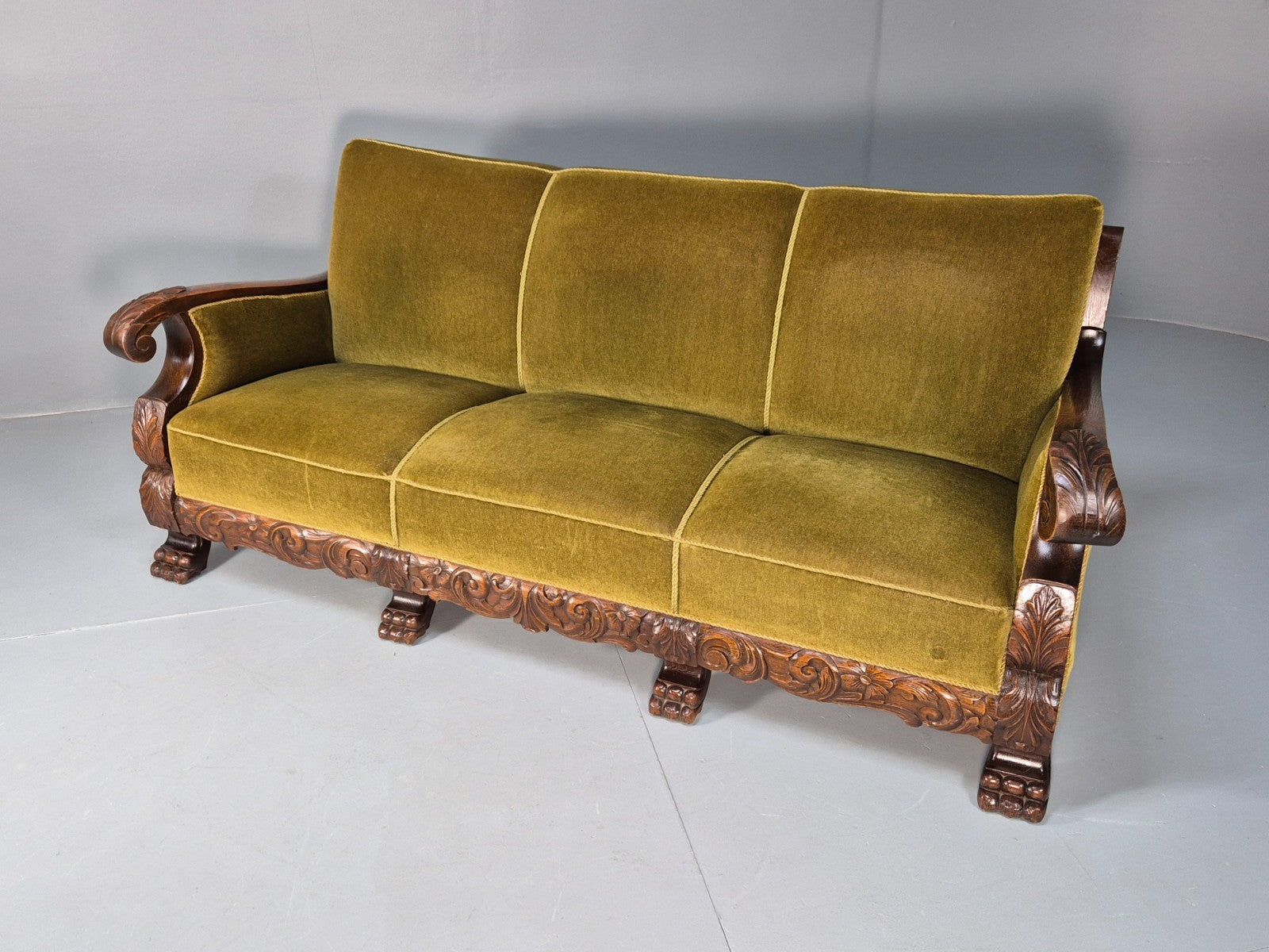 Vintage Danish Baroque Style 3 Seat Settee Green Velour Antique 1920 EB9653 V3SS - UKDK FURNITURE