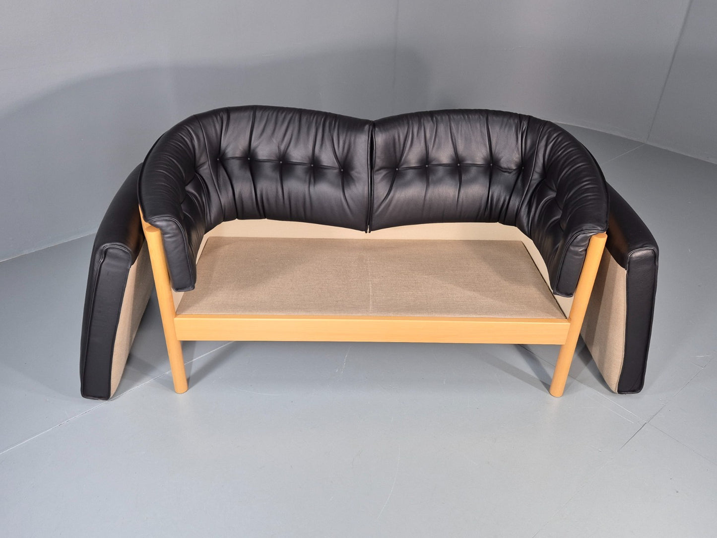 Vintage Two Seater Settee Black Leather Stickback Nielaus Retro MCM EB11407 M2SS7