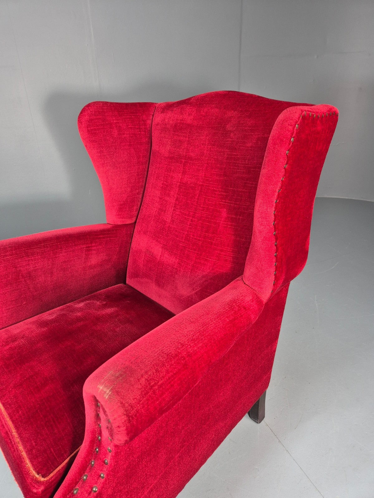 Wing Back Lounge Chair Red Velour Danish 1960s Georgian Style EB10754 VCLO20
