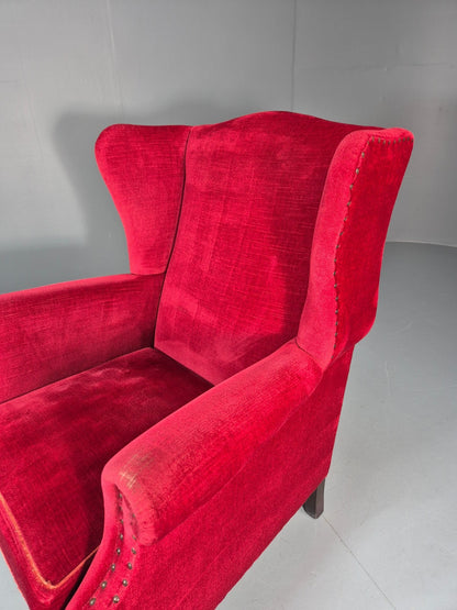 Wing Back Lounge Chair Red Velour Danish 1960s Georgian Style EB10754 VCLO20
