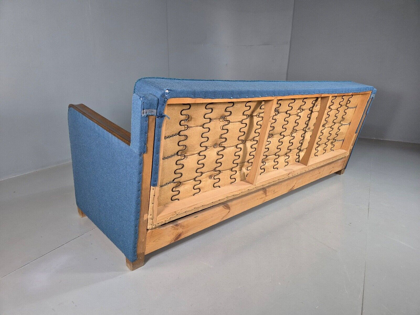 Vintage Danish Sofa Bed Blue Wool Teak Arms 1960s Retro MCM EB7259 M3SS - UKDK FURNITURE
