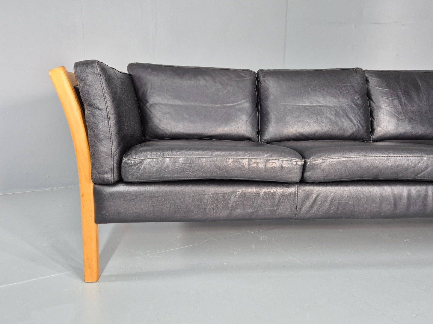 Vintage Stouby 3 Seat Sofa Danish Black Leather Beech End 1980s EB10556 M3SS2