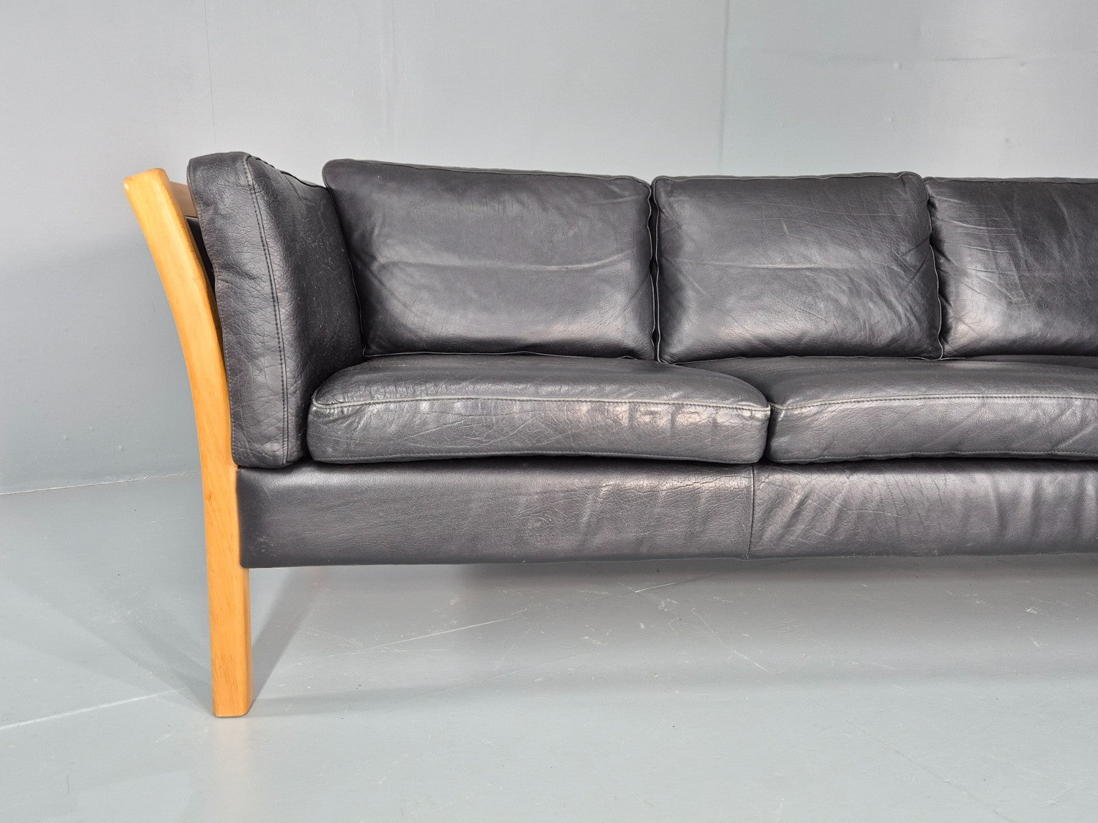 Vintage Stouby 3 Seat Sofa Danish Black Leather Beech End 1980s EB10556 M3SS2