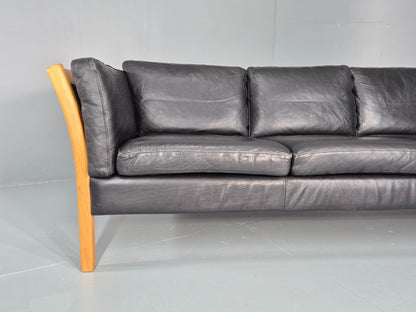Vintage Stouby 3 Seat Sofa Danish Black Leather Beech End 1980s EB10556 M3SS2
