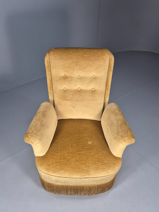 Vintage Gold Velour Danish Armchair 1920s Tassels High Back EB9635 VCLO - UKDK FURNITURE