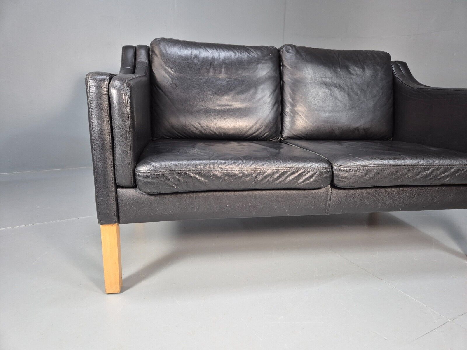 Vintage Danish 2 Seat Sofa Black Leather Mogensen Style Retro MCM EB8615 M2SS - UKDK FURNITURE