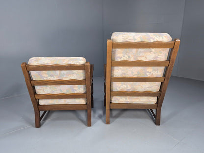 2 Vintage Danish Lounge Chairs Floral Beige Cotton Oak Frame Baroque EB8952 VCLO - UKDK FURNITURE