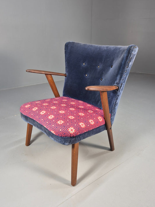 Danish 1960s Armchair Teak Blue Pink Fabric Eran Møbler EB9316 MNOR - UKDK FURNITURE