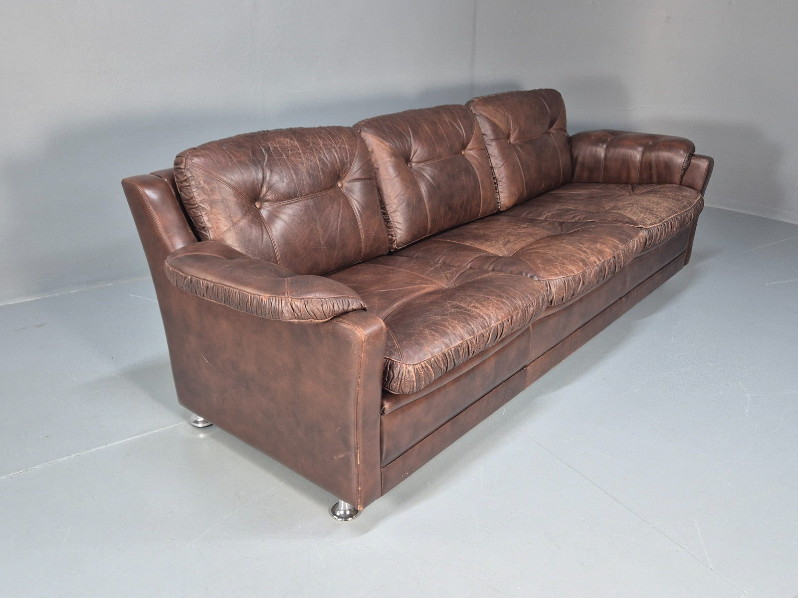 1970s Three Seat Retro Sofa Danish Brown Leather Vintage  EB10687 V3SS10