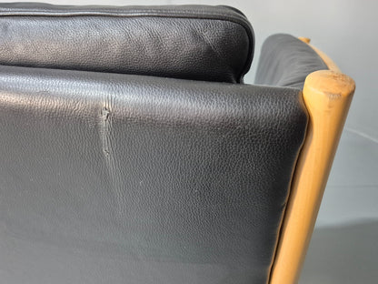 Mid Century Three Seater Sofa Beech Ends Black Leather 1980s Retro EB10399 M3SS20