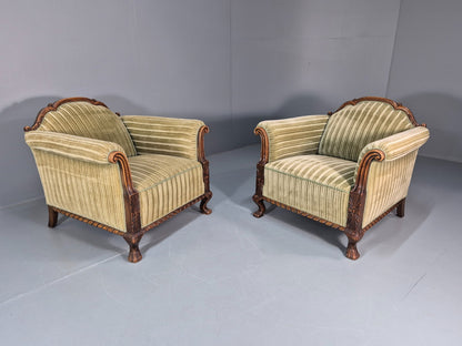 2 Antique Deep Lounge Chairs Oak Frame Green Corduroy 1900s  EB10758 VCAR16