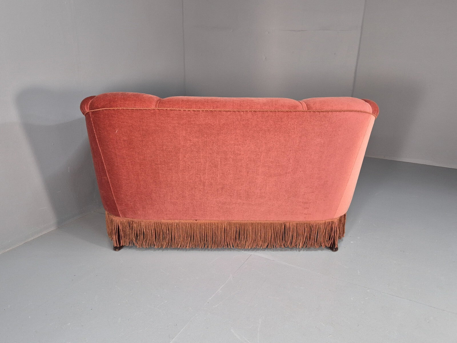 Vintage Art Deco Danish 2 Seat Sofa Pink Velour Tassels 1940s EB9666 V2SS - UKDK FURNITURE