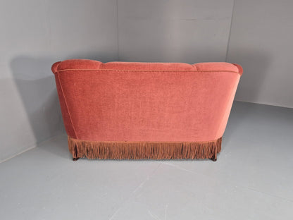 Vintage Art Deco Danish 2 Seat Sofa Pink Velour Tassels 1940s EB9666 V2SS - UKDK FURNITURE