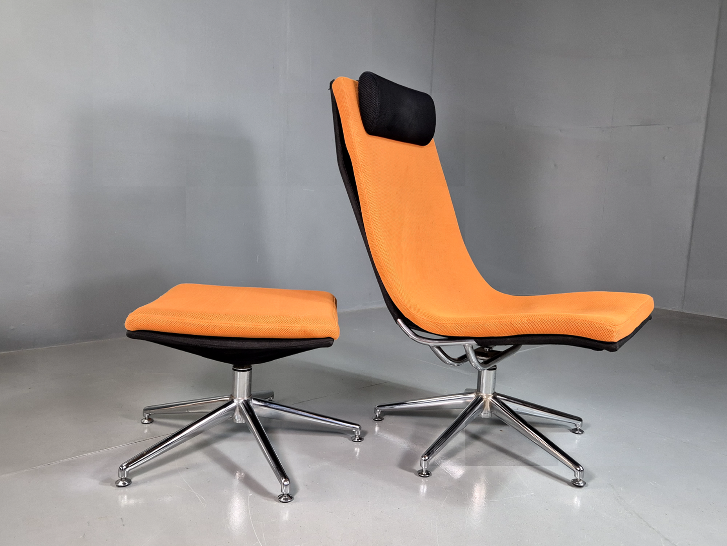 Vintage Danish Swivel Chair and Footstool Orange Chrome Retro 1980s EB7357 MSWI2