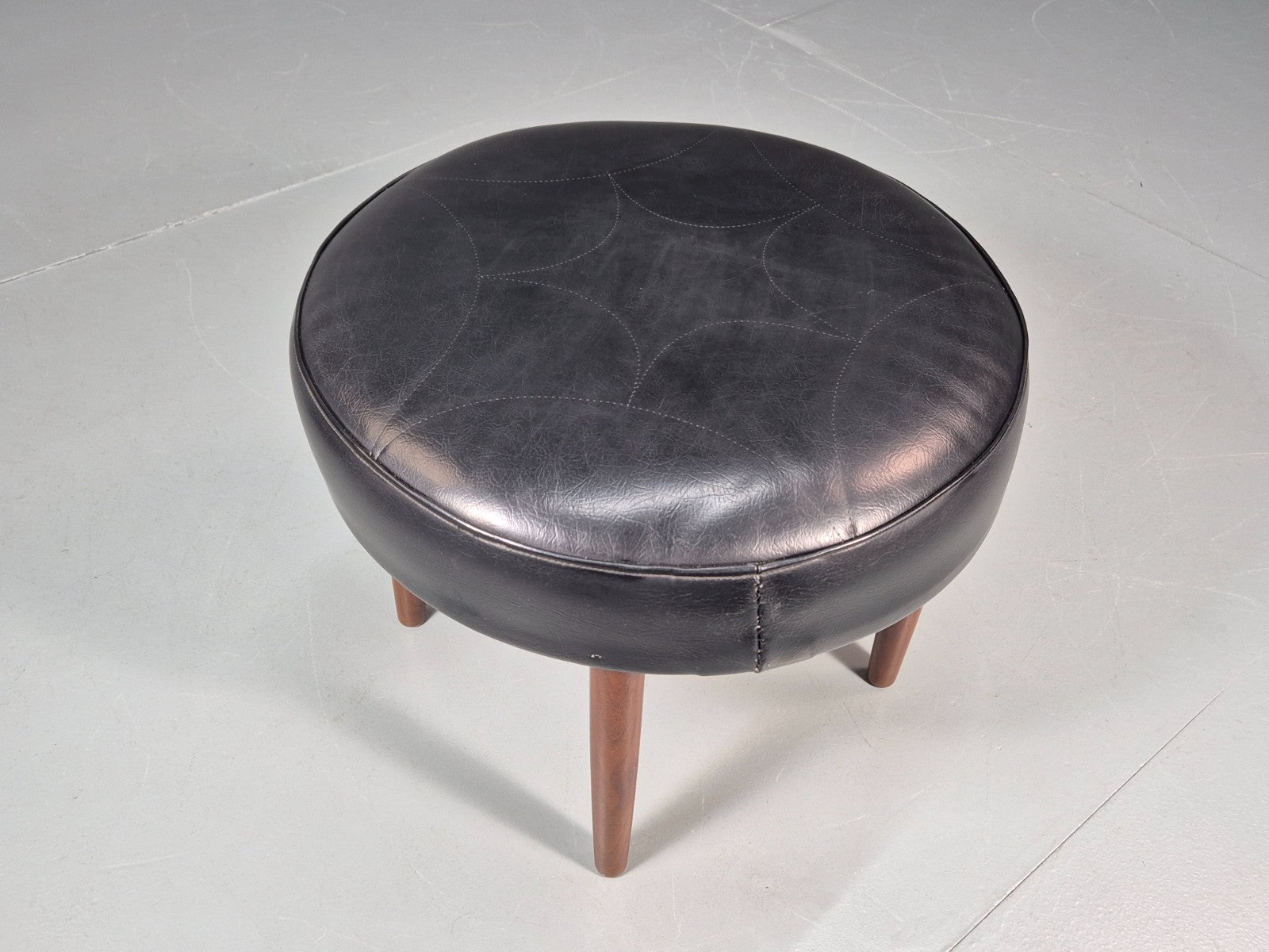 1960s Circular Footstool Danish Vinyl and Teak Retro MCM EB10883 MFOO2