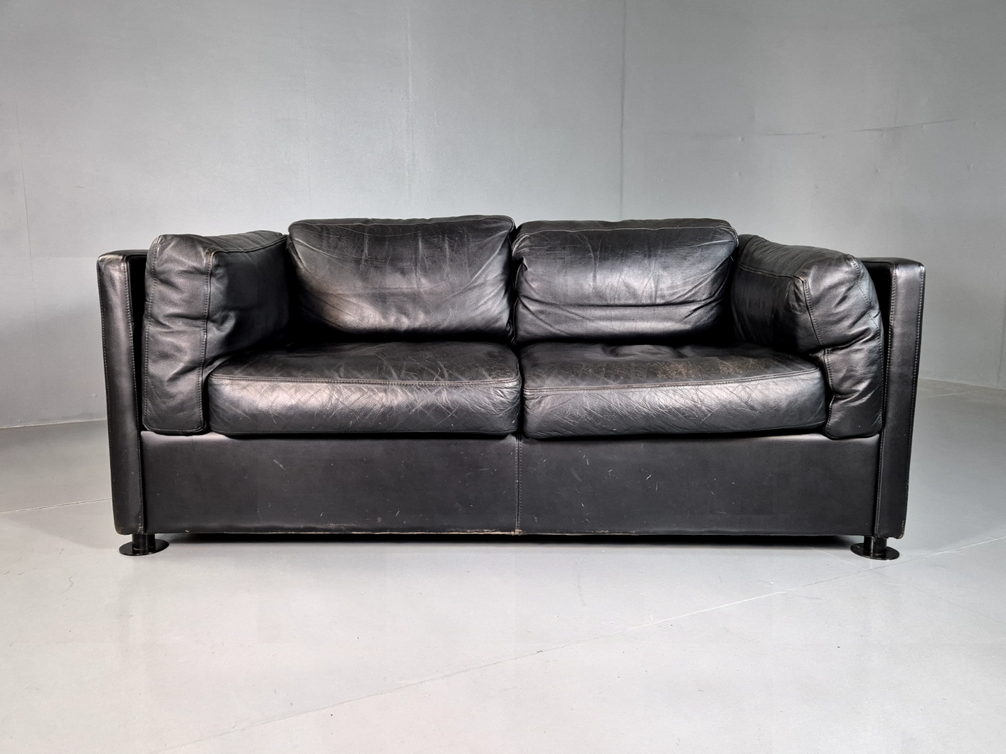 Vintage Danish 2 Seat Sofa Black Leather 1980s Retro MCM EB7162 M2SS - UKDK FURNITURE