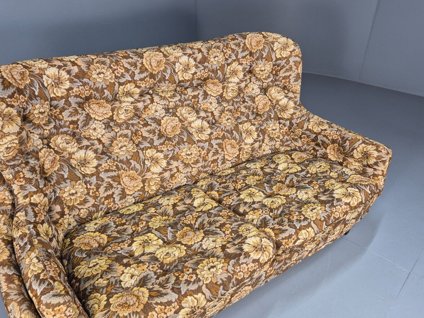 Vintage Danish 2 Seat Sofa Brown Yellow Floral Curved Form Retro MCM EB8949 M2SS - UKDK FURNITURE