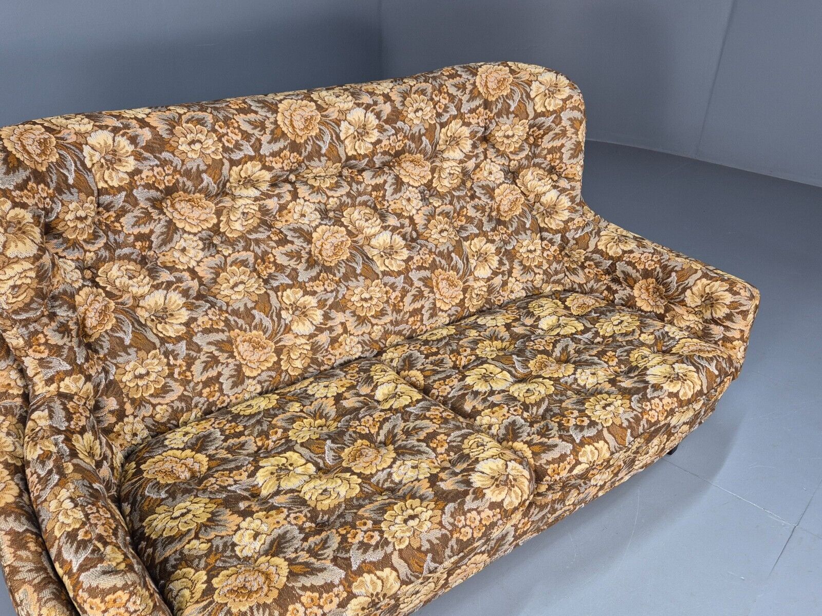 Vintage Danish 2 Seat Sofa Brown Yellow Floral Curved Form Retro MCM EB8949 M2SS - UKDK FURNITURE