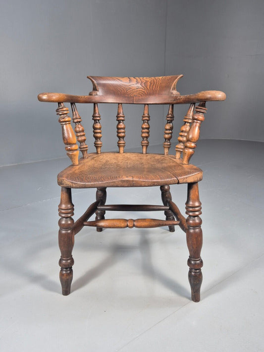 Vintage Oak Captains Chair Turned Stretchers Antique EB9030 VDIN - UKDK FURNITURE