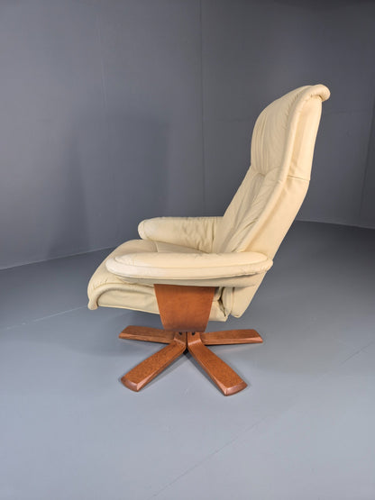 Vintage Swivel Recline Lounge Chair Danish Cream Leather 1990s EB11433 MSWI8