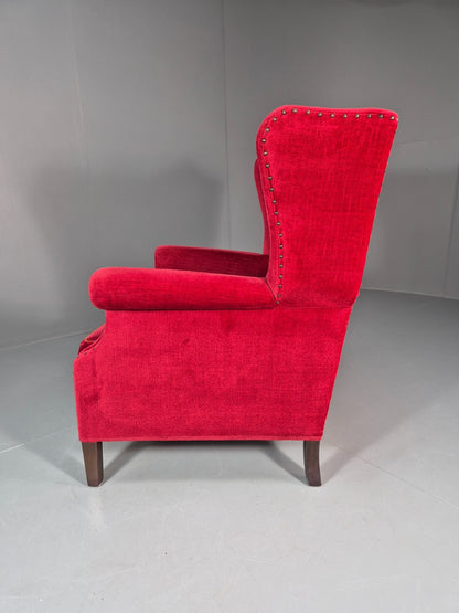 Wing Back Lounge Chair Red Velour Danish 1960s Georgian Style EB10754 VCLO19